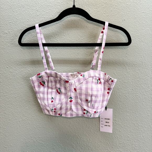 Unique Vintage Lavender + White Gingham Cherry Print Cropped Bustier - M - NWT - Picture 7 of 7